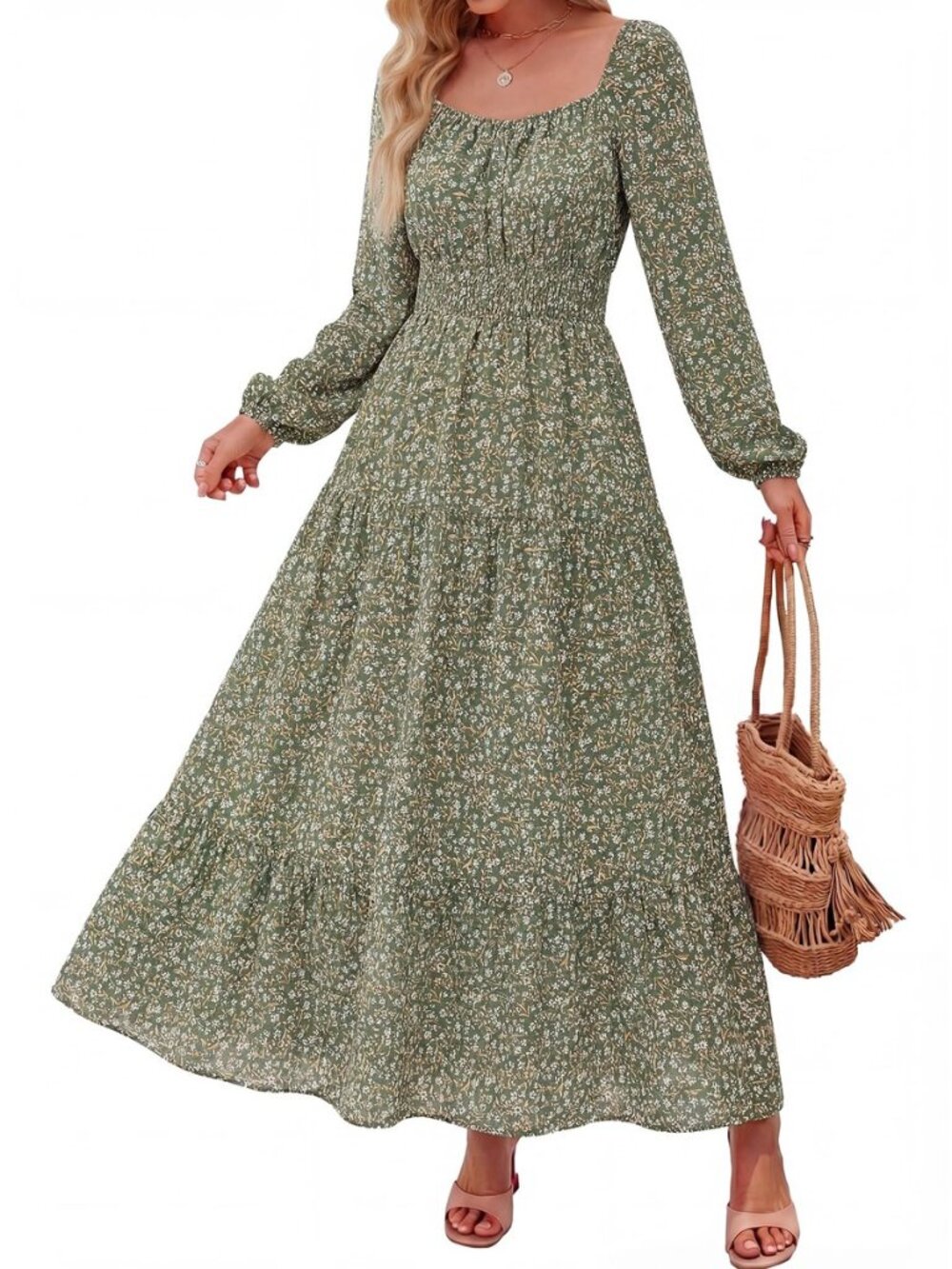 Long Sleeve Dress for Women 2026 Spring Fall Boho Floral Square Neck Casual